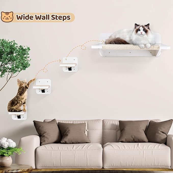 Cat Hammock Cat Wall Shelves with 3 Cat Wall Steps, Wall Mounted Cat Shelves and Perches with Hemp Rope Scratching, Cat Wall Furniture Climbing Shelves for Indoor Cats, Cat Bed and Stairs Set for Gift