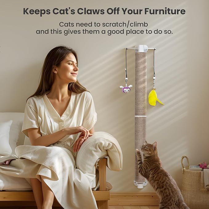 SVD.PET Cat Scratching Post Wall Mounted, 37.5" Tall Cat Scratcher for Wall with Hanging Toys, Jute Cat Wall Scratcher for Large Cats Indoor Cat Wall Furniture