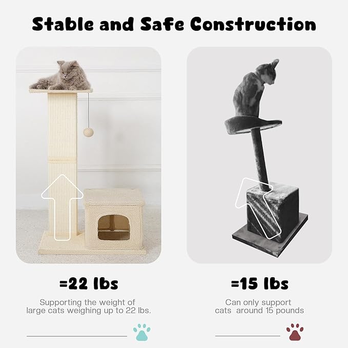 Small Cat Tree, 31 Inches Tall Cat Scratching Post with Perch & Condo, Natural Woven Sisal Cat Post Sctacher, Kitten Scratching Posts for Indoor Cats, Cat Scratch Tower with Fluffy Ball, Beige