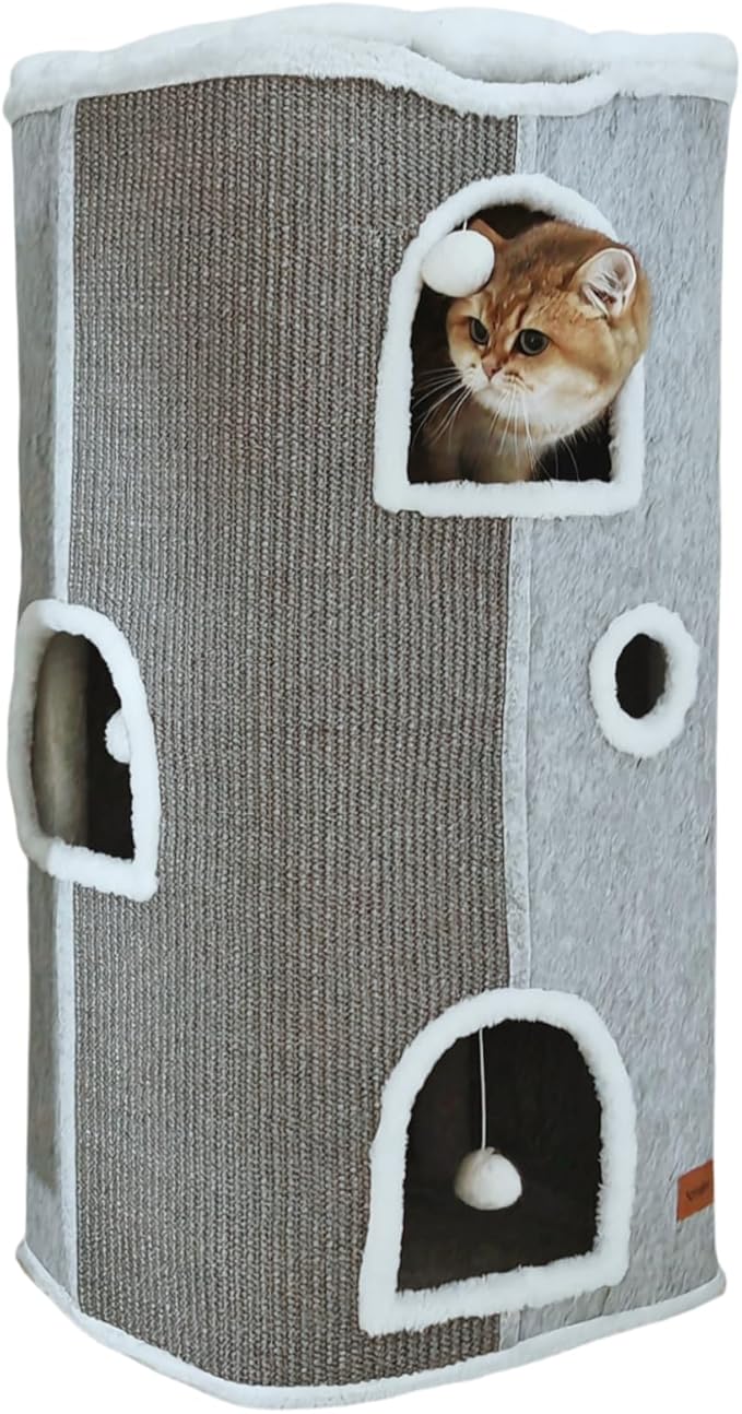 4-Level Cat House for Indoor Cats, Large Adult Cat Peekaboo Cave Bed Cats Cube Houses with Scratch Pad Cat Towers Cute Kitten Condo Hideaway Hut for Multi Pets Under 55 lbs Light Grey