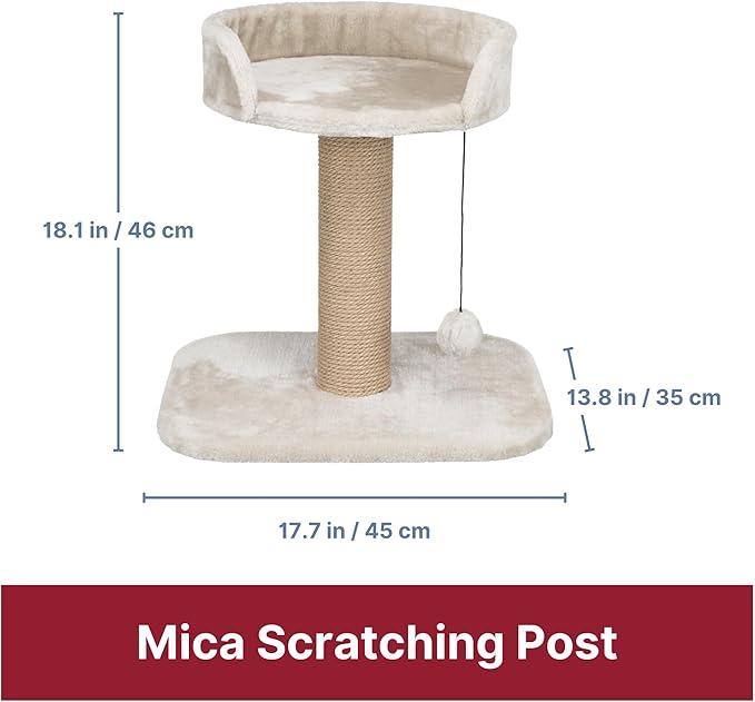 TRIXIE Mica Cat Scratching Post 18.1 Inch - Cat Scratcher with Soft Fabric Covering Base and Durable Sisal Rope - with Padded Platform & Dangling Cat Toy - in Greige