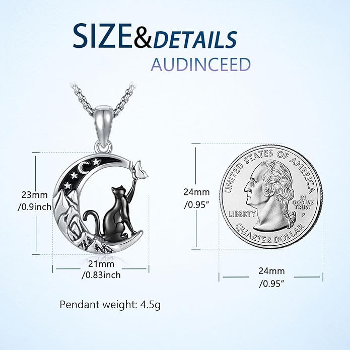 AUDINCCED Black Cat Necklace Turtle Necklace Gothic Jewelry Butterfly Necklace Cat Necklace 925 Sterling Silver Crescent Moon Necklace for Women Cat Gifts for Cat Lovers