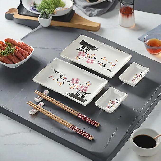 8 pcs Japanese Sushi Plate Sets Serving Platters and Trays for Entertaining Sushi Dishes Set Plates Sushi Plates Traditional Cuisine Dinnerware Sets with Chopsticks Pink Sakura