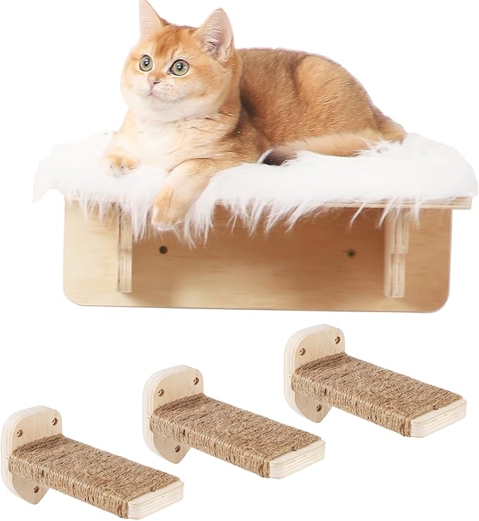 Cat Wall Shelves, 3 Steps Scratch Post, Cat Bed Hammock with Plush Covered for Indoor Cats