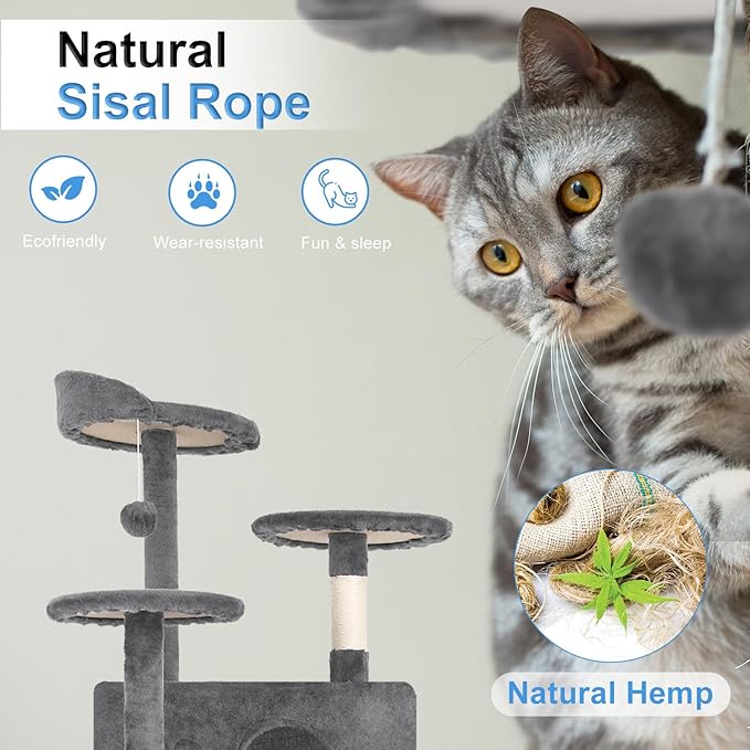 FDW Cat Tree 54in Cat Tower Multi-Level Durable Cat Scratching Post & Cozy Fun Cat Jumping Platform Space Saving Cat Condo Pet Play House for Indoor Cats,Light Gray