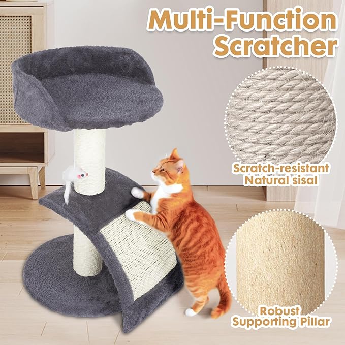 PowerKing Multifunction Cat Scratching Posts for Indoor Cats, Space-Saving Scratcher with Arched Sisal Board & Round Base, Durable Sisal Scratchers for Kittens & Small Cats (Grey)