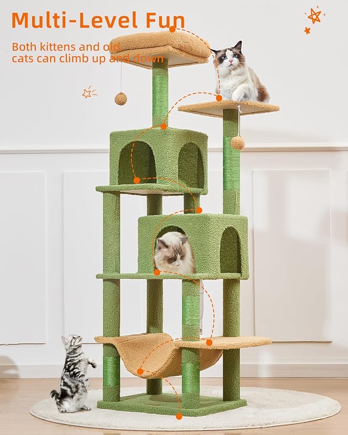 Taoqimiao Cat Tree, 61-Inch Cat Tower for Indoor Cats, Plush Multi-Level Cat Condo with 5 Scratching Posts, 2 Perches, 2 Caves, Hammock, 2 Pompoms, MS013ST Cactus