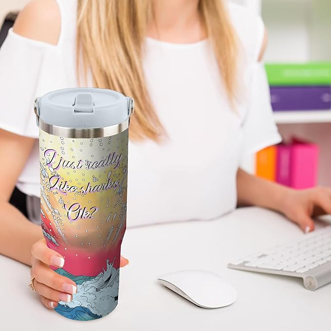30 Oz Shark Tumbler with Handle and Straw, Insulated Shark Cups with Straws, Double Wall Stainless Steel Shark Mug, 30 Oz Leak Proof Shark Coffee Mug and Shark Tumbler for Adults Gifts