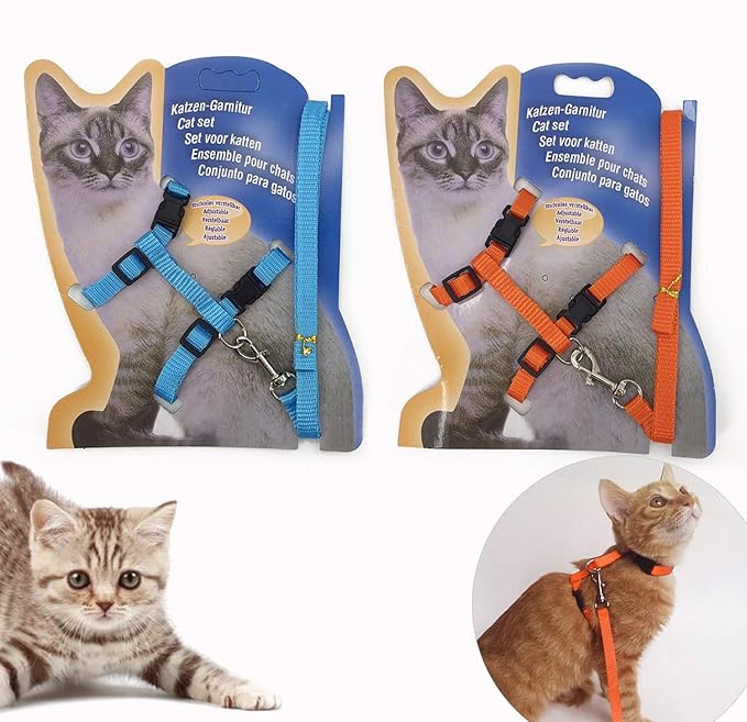 Gizhome 2 Pack Cat Harness and Leash Adjustable Halter Harness Nylon Strap Belt Safety Rope Leads for Kitten, Orange & Light Blue