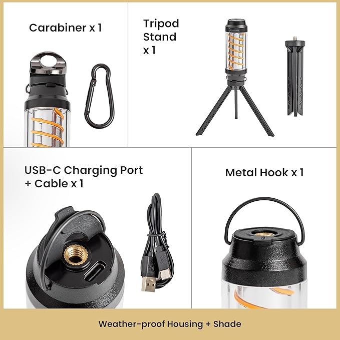 ARROWHEAD OUTDOOR 3.5-inch Convertible LED Camping Lantern Flashlight, 7 Lighting Modes, USB-C Charging, IP6X, Max. 90 Lumens, Tripod and Carabiner Included, Black