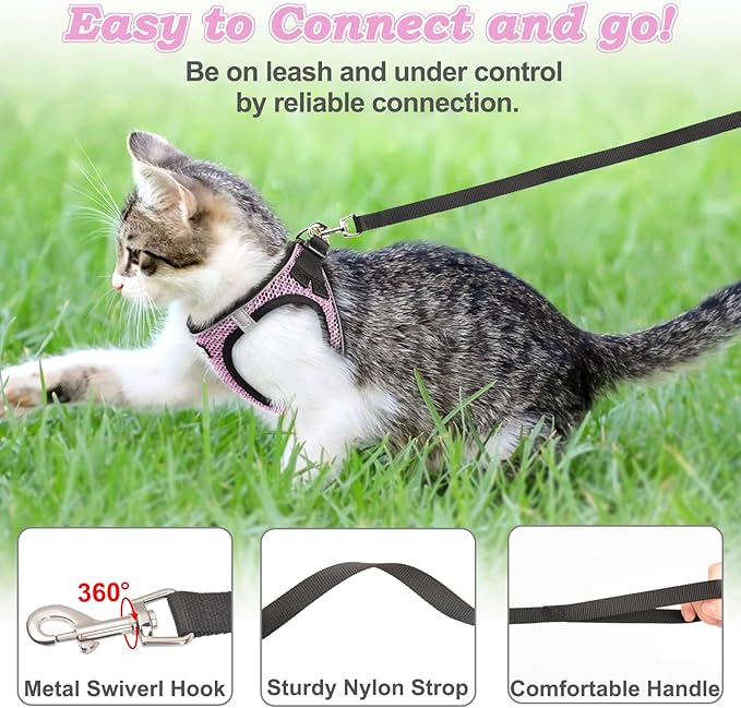Cat Harness and Leash for Walking Escape Proof, Adjustable Kitten Vest Harness Reflective Soft Mesh Puppy Harness for Outdoor, Comfort Fit, Easy to Control (Lpink, S)