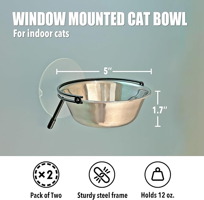 Meeyoview Cat Window Perch, Foldable Cat Window Hammock with Wooden Scratching Post and Stainless Steel Cat Bowls, Window Mounted Bed for Cats Inside (2 Cat Bowls)