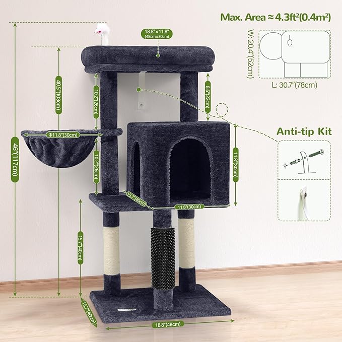 F46B Cat Tower for Indoor Cats | 46-Inch Sturdy Cat Condo for Multiple Adult Cats with Multiple Large Platforms, Hammock, and Anti-Tip Kit | Premium Quality Materials, Dark Gray