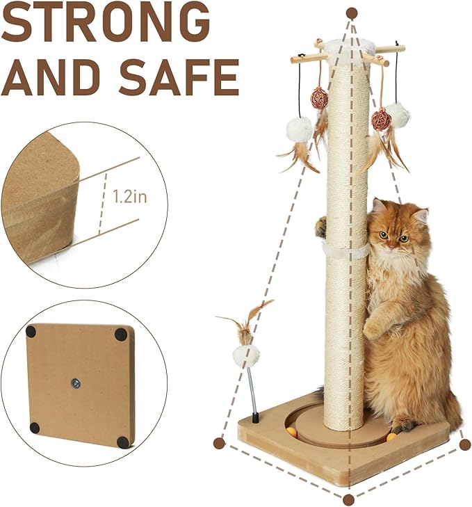 PEEKAB Cat Scratching Post 33 Inches Tall Large Sisal Scratch Post with Track Ball Toys for Indoor Cats and Kittens,Cat Scratcher Toy Beige