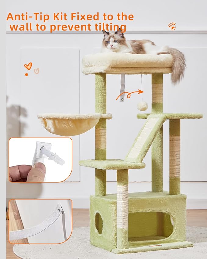 Taoqimiao Cat Tree,38.2-Inch Cat Tower for Indoor Cats,Suitable for Kittens with Luxurious cat condo with Adjustable Baskets and Luxurious Perch MS029SGB Green and Beige