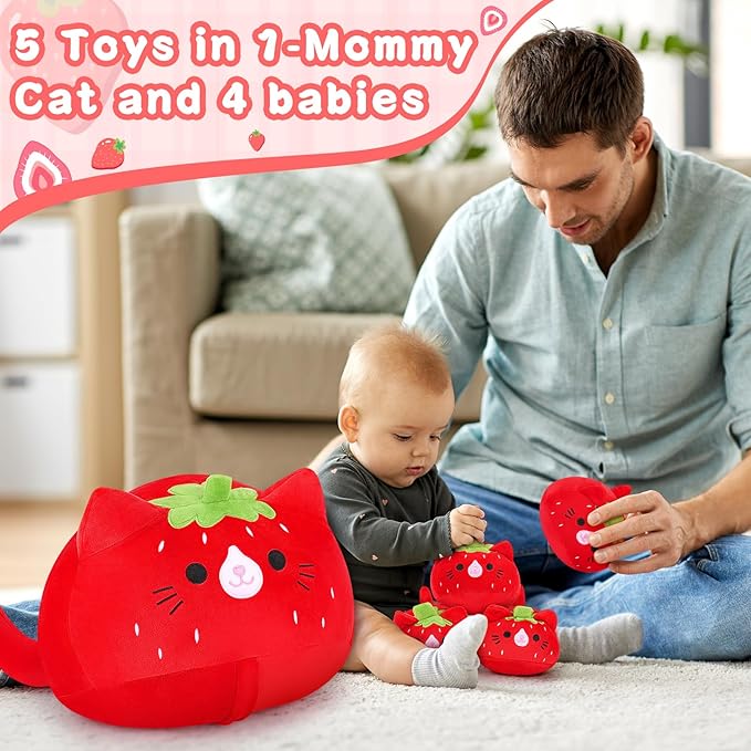 5 PCS Strawberry Cat Plush Stuffed Animal Family-19" Soft Strawberry Cat Plush, Large Mommy Plushies with 4 Baby Kittens Plushies, Kawaii Plushie Toy Christmas Birthday Gifts for Kids Boys