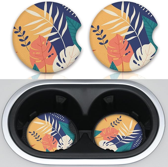 2pcs Car Cup Holder Coasters, Universal Auto Anti Slip Coasters, Tropical Leaves Design Rubber Car Coasters with A Finger Groove, Cute Car Accessories for Women&Men