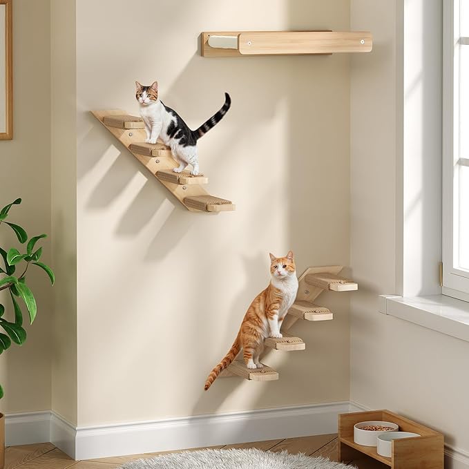 HOOBRO 4-Tier Wooden Cat Climbing Wall Shelves, Wall-Mounted Cat Wall Shelves Furniture, Cat Wall Step with Jute Scratching Rope, Solid Oak, 40-lb Load Capacity, Easy to Assemble, Natural NL12CS03N1