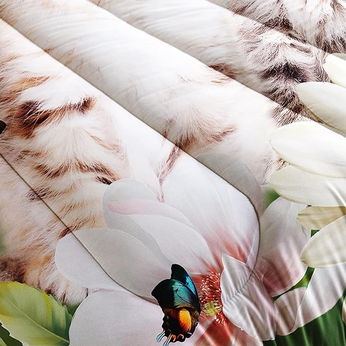 AILONEN Cats Bedding Set Queen Size with Wearing Black Glasses Fluffy Cat Print Comforter Set for Kids Girls, Daisy Flowers Butterfly Soft Breathable Duvet Set 3 Pieces, 1 Quilt and 2 Pillowcases