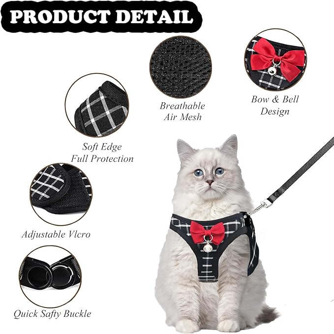 Cat Leash and Harness Set,Breathable Dog Harness,Pet Harness,Adjustable Mesh cat Harness and Leash Escape Proof for Puppy Cat Rabbit (Black, L)