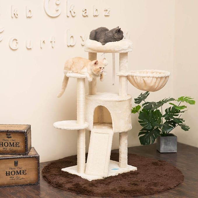 Hey-brother Cat Tree with Scratching Board, Cat Tower with Padded Plush Perch and Cozy Basket, Multi-Platform for Jump, Beige MPJ005M