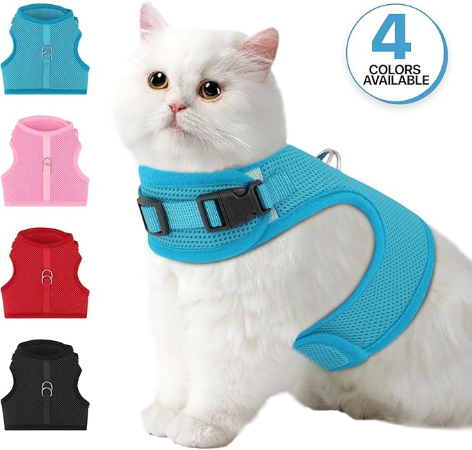 MoNiBloom Soft Cat Harness for Walking Escape Proof and Travel, Kitten Adjustable Breathable Vest Harness - Sky Blue, L
