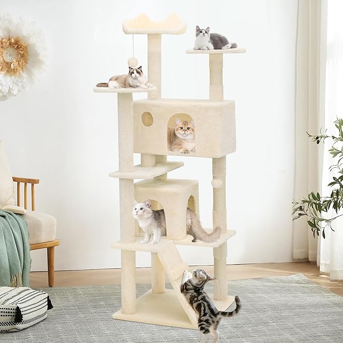 MoNiBloom Cat Tree, 60 Inch Cat Tree Tower with 2 Cat Condo, Cat Tower with Scratching Post, Cat Climbing Tower, Cat Tree for Indoor Cats, Beige