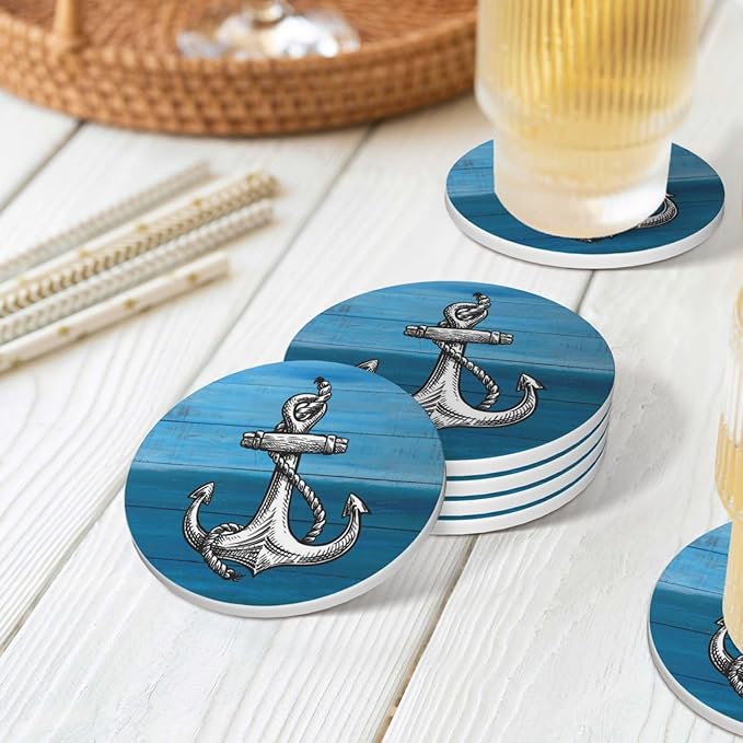 Anchor Coasters for Drinks, Set of 4, 4 Inch Wooden Background Absorbent Diatomite Ceramics Nautical Coasters for Coffee Table with Cork Base Tabletop Protection Suitable for Dining Desks Restaurants