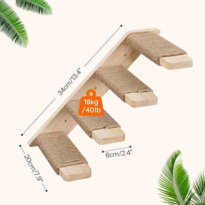 HOOBRO Cat Wall Shelves Set of 2, Wood Wall Mounted 4-Level Cat Ladders, Cat Climbing Shelves with Jute Scratching Steps, Cat Wall Climber Furniture, for Cat Perches and Platforms, Nature NL42CS03