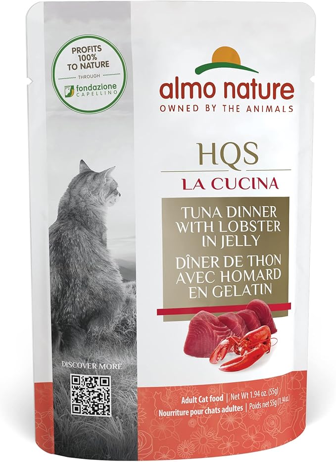 Almo Nature HQS La Cucina Tuna with Lobster in Jelly, Grain Free, Additive Free, Adult Cat Wet Food, Shredded, Pouches, 24 x 55g/1,94 oz