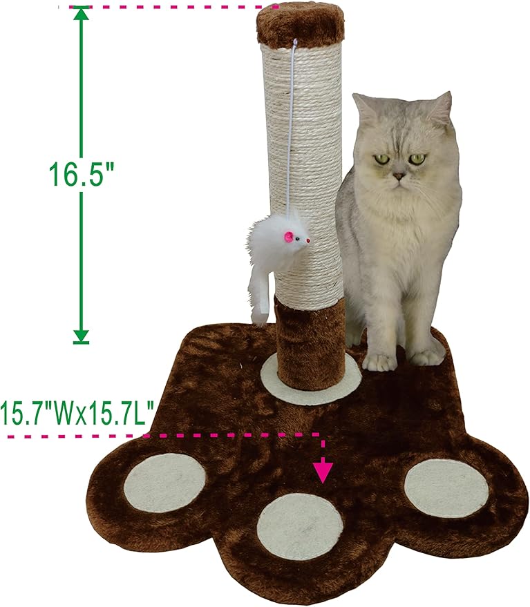 Go Pet Club Everyday Value 16in Small Sisal Covered Scratching Post Cat Tower Kitty Condo Kitten Furniture with Hanging Mouse for Indoor Cats, Brown