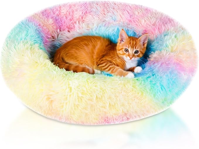 ShellKingdom Cat Beds for Indoor Cats, 24 inch Large Dog Bed for Small Medium Large Dogs, Cute Round Fluffy Plush Pet Bed for Puppy Kitten, Self Warming Calming Soft Donut Cat Bed, Rainbow