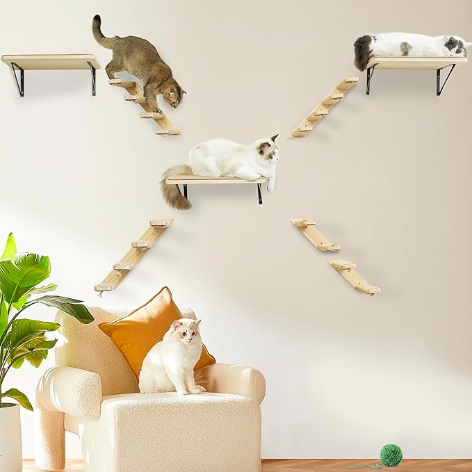 Cat Climbing Shelves Wall Mounted 2PCS Four Cat Steps Reversible Left & Right Direction, Cat Shelf Stairway for Wall with Jute Scratching Ladder Cat Wall Shelves Furniture for Perch Sleeping