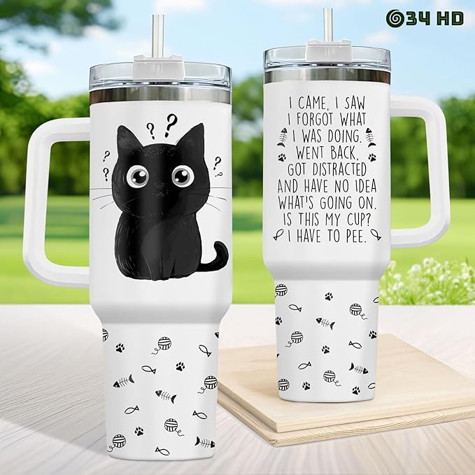 34HD Funny Black Cat Tumbler with Handle and Straw, 40oz Double Wall Vacuum Insulated Pet Mug, I Came I Saw Forgot Cup, Cat Gifts for Women Men Birthday Mothers Day Halloween Christmas