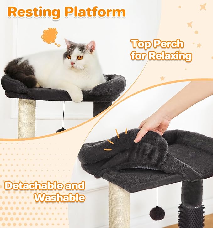 Made4Pets Small Cat Tree Tower, Cat Scratching Post 4-in-1 with Cat Self Groomer Brush, 20" Tall Natural Sisal Cat Scratcher, Soft Plush Cat Perch Bed with Dangling Ball for Indoor Kittens, Dark Grey
