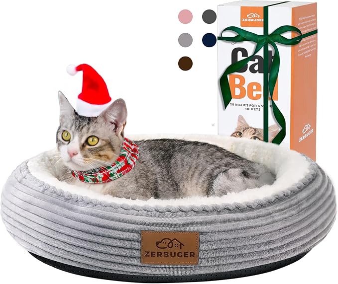 20in Washable Cat Beds for Indoor Cats - Round Donut Pet Bed for Cats, Small Dogs, Puppy, Kitten - Anti-Slip Bottom, Calming Bed Gift - Ideal for Every Home Space - Light Grey