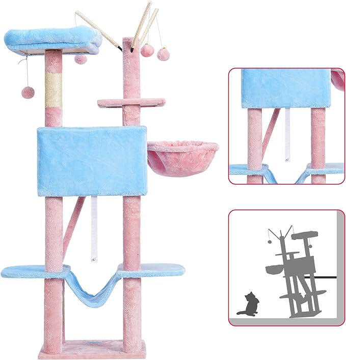 Hey-brother Cat Tree, 53 inch Cat Tower for Indoor Cats, Cat House with Padded Platform Bed, Toy Balls, Large Cozy Condo, Hammocks and Sisal Scratching Posts,Blue and Pink MPJ019SBP