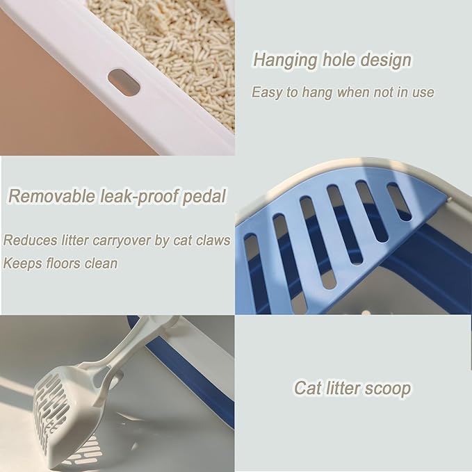 2 pcs Collapsible Kitten Litter Box,Low Entry Shallow Open Cat Potty Pan with Scoop Foldable Shallow Cat Toilet Travel Litter Box with Falling Sand Pedal for Kitty to Senior Cats 2PCS (Blue, Large)