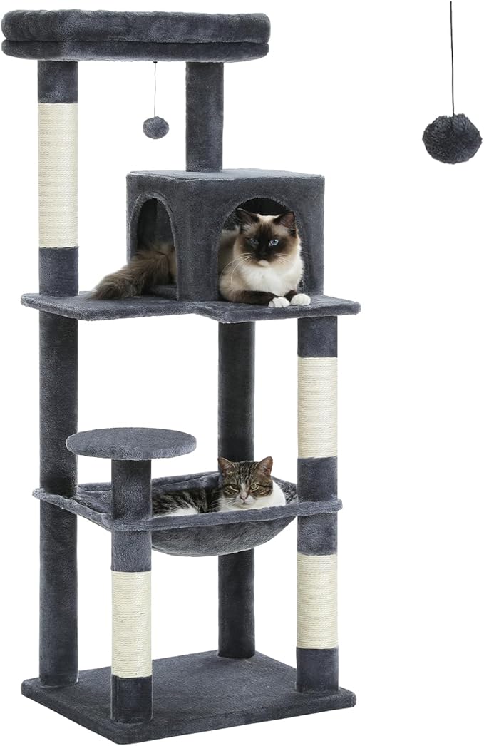 PETEPELA 56.3'' Tall Cat Tree for Indoor Cats, Multi-Level Cat Tower with Super Large Hammock (20''X16''), Sisal Covered Scratching Posts, Cozy Condo and Top Perch, Dark Grey