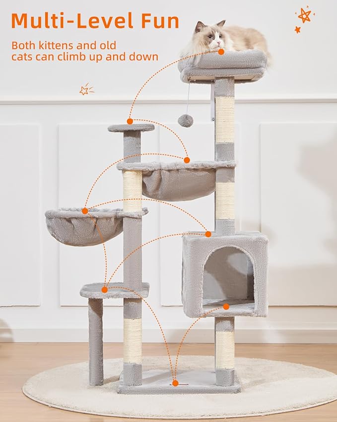 Taoqimiao Cat Tree, 51-Inch Cat Tower for Kittens, Cat Tree Tower with 5 Scratching Posts, Plush Cat Condo with Plush Perch, 2 Hammock, Pompoms, Light Gray MS019XL-W