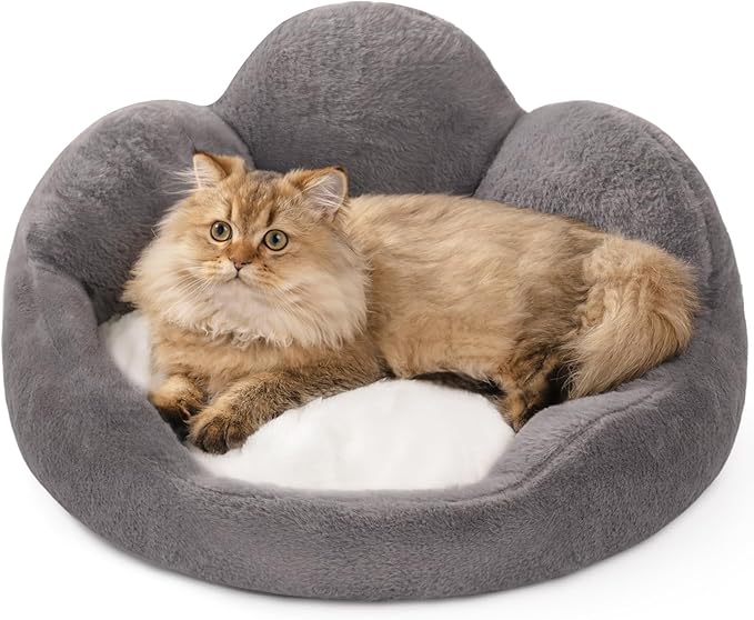 MEWOOFUN Cat Bed Kitten Bed, Washable Cat Bed for Indoor Cats Cute Cat Couch, Fluffy Flower Cat Sofa Bed, Pet Bed with Non-Slip Bottom, Small Dog Bed for Puppy and Kitten(Grey, 23")