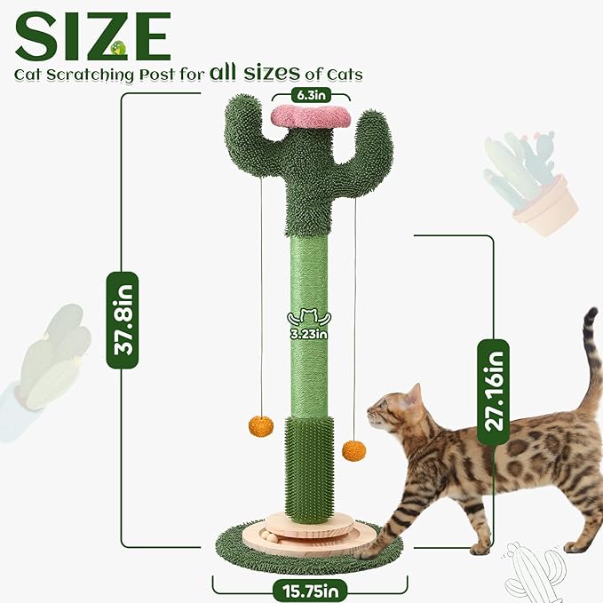 37.8" Tall Cat Scratching Post, Cactus Flower Cat Scratch Post with Natural Sisal Rope, Ball Track and Self Groomer Brush, Cute Cat Scratching Posts for Indoor Cats Adults and Kitten