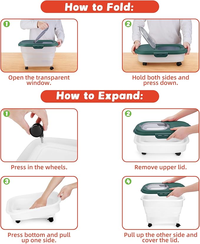 Airtight Dog Food Storage, Collapsible Pet Food Container 17-20 lb with Castors, Plastic Dog Food Bin with Pet Food Scoop & Measuring Cup for Dry Food Storage(green)