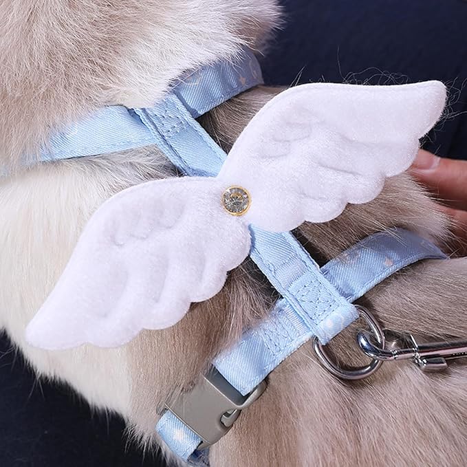 Cat Harness and Leash Set White Wing for Outdoor Travel Walking Escape Proof Soft Safe Adjustable Kitten Puppy Small Strap Angel Style, Blue
