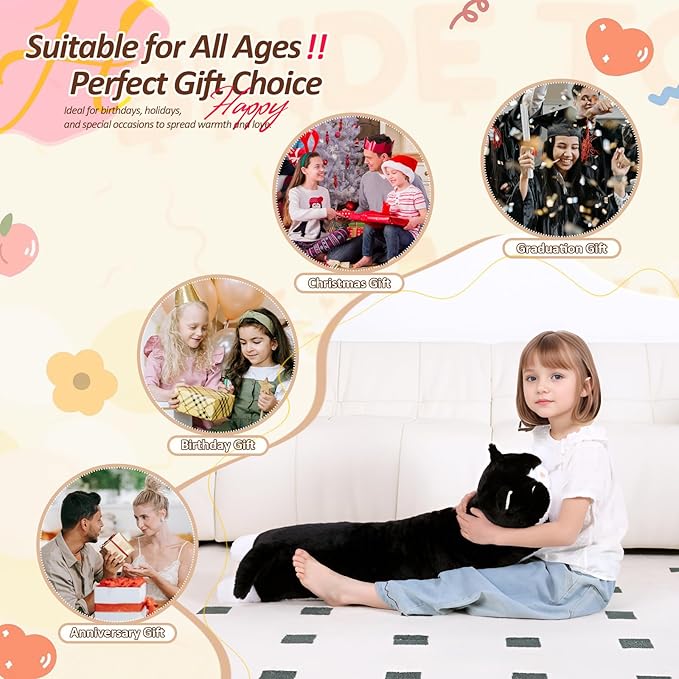 40'' Large Cat Sleeping Long Plush Pillow Toy, Milk Black White Kitty Soft Cat Stuffed Animals, Big Kitten Plushies Cute Doll Gift for Kids Girls Boys, Birthday