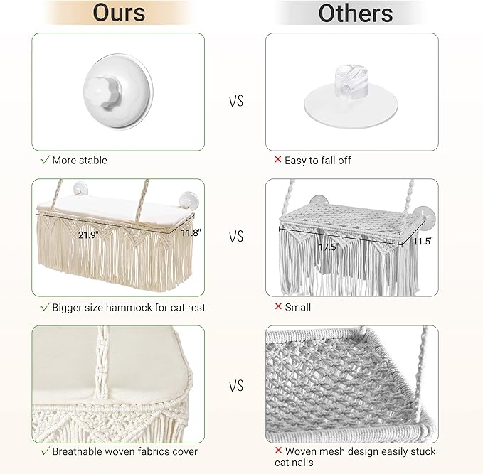 Dahey Macrame Cat Window Perch Boho Cat Hammock Wall Mounted Pet Resting Seat Bed for Indoor Cats Safety Space Saving kitty Swing Shelf with Tassel Holds up to 45 lbs with Screw Suction Cups, Gift