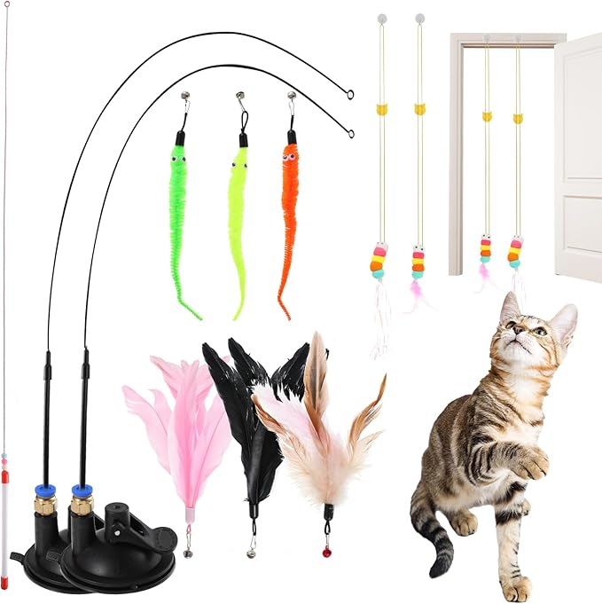8pcs Cat Feathe Toys, Interactive Cat Toy for Indoor Cats, Suction Cup Cat Toys for Indoor Cats, Replacements Feathers Worm, Hanging Cat String Toy for Bored Indoor Kitten