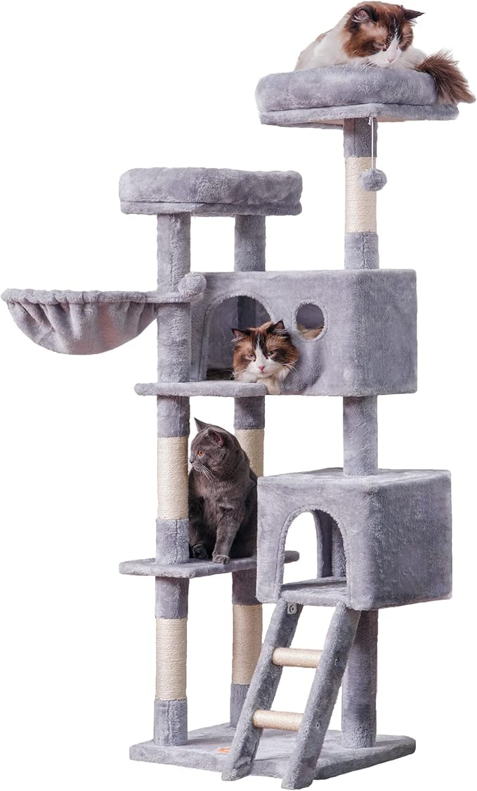 Heybly Cat Tree, Cat Tower for Indoor Cats,Multi-Level Cat Furniture Condo for Large Cats with 2 Padded Plush Perch, Cozy Basket and Scratching Posts HCT023W