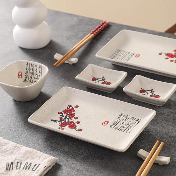 8 pcs Japanese Sushi Plate Sets Serving Platters and Trays for Entertaining Sushi Dishes Set Plates Sushi Plates Traditional Cuisine Dinnerware Sets with Chopsticks Red Plum Blossom
