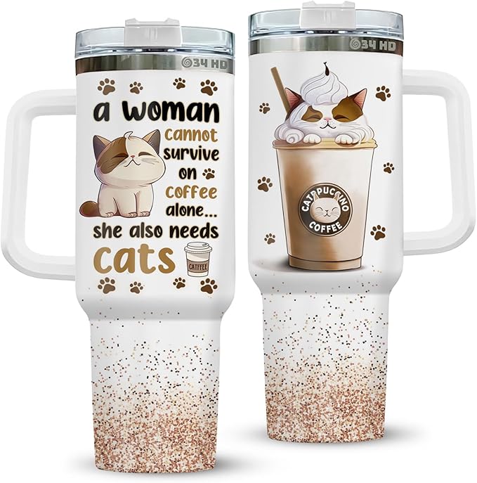 34HD Cat Lady Tumbler with Lid & Straw, 40oz Stainless Steel Vacuum Insulated Coffee Mug with Cats, Cute Kitty Gifts for Her Women, Cat Mom Gifts for Birthday Mothers Day Christmas